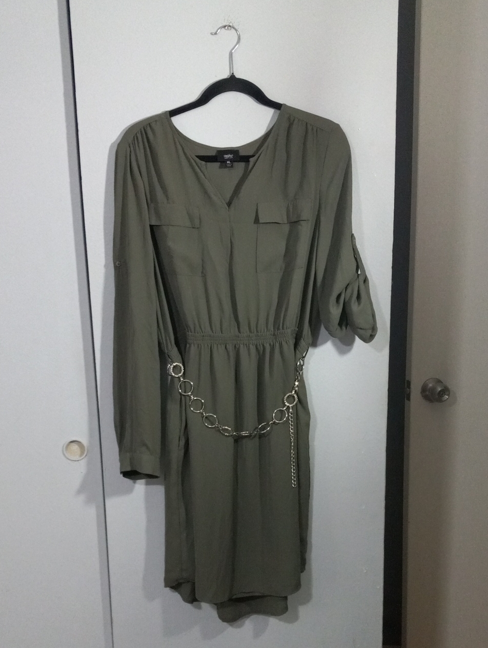 Mossimo Olive Green Long Sleeve Shirt Dress with Decorative Chain Belt